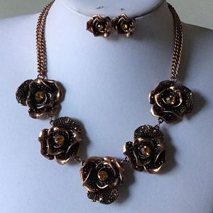 Antique look copper floral necklace earring set